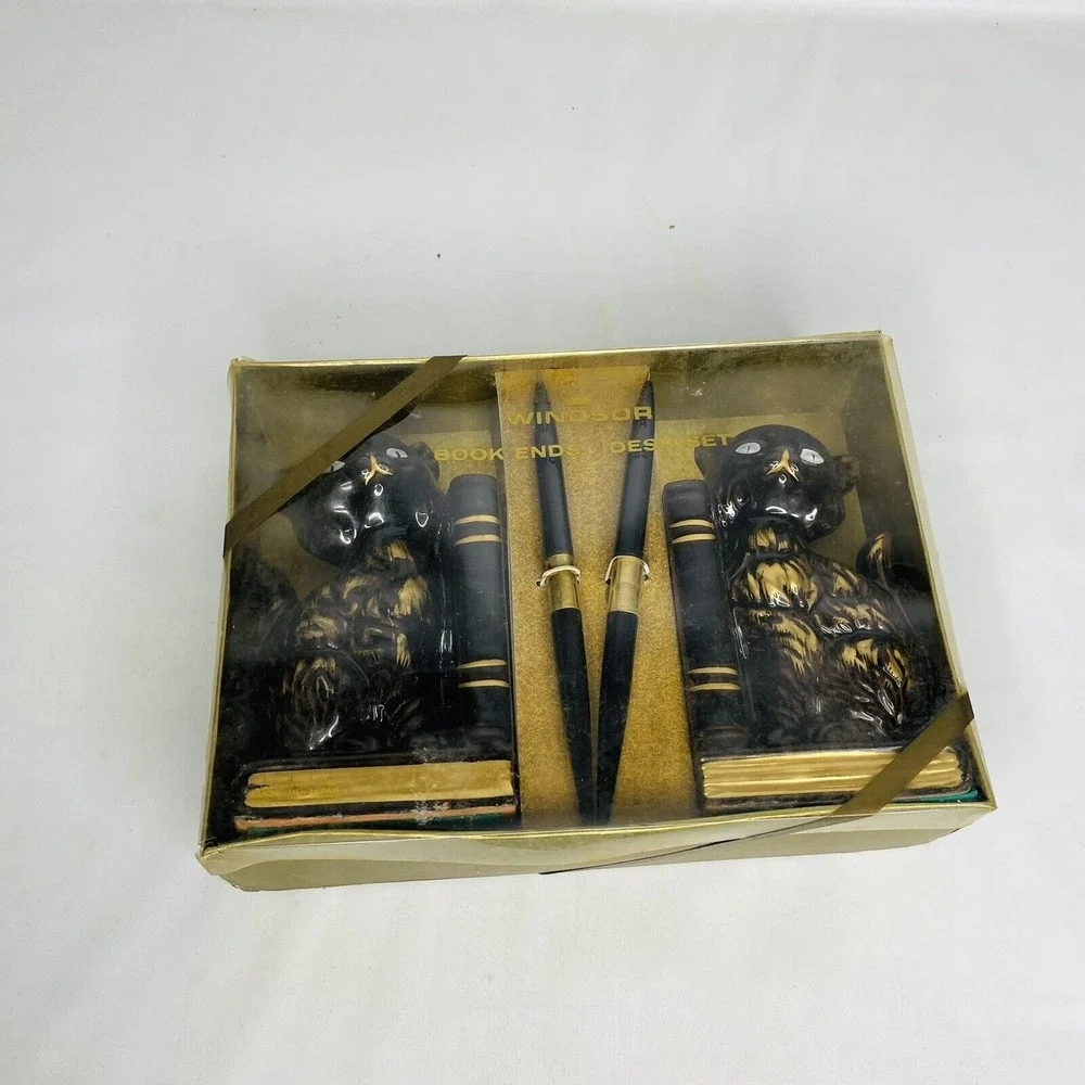 Siamese Cat Bookends MCM 50s DESK SET Pens Goth Wicca‎ w/BOX Vintage Black Gold